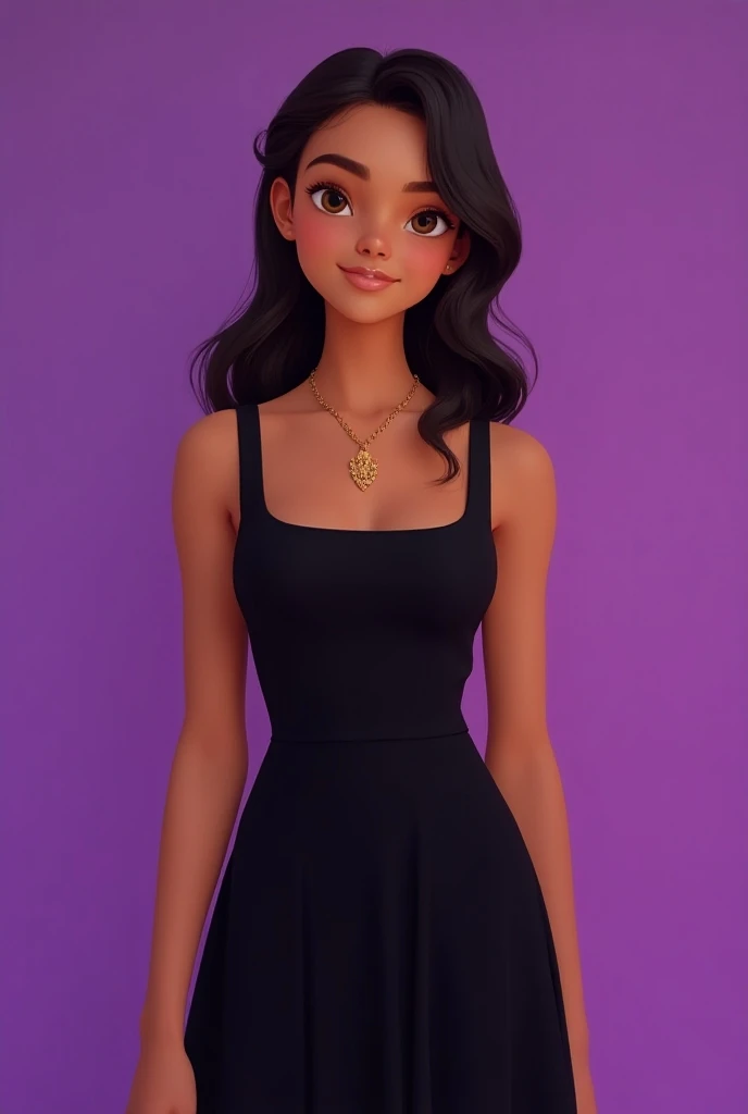 generate a light tan midsized girl with purple background wearing a black square neckline, A- line dress and a suitable necklace having a warm tone makeup