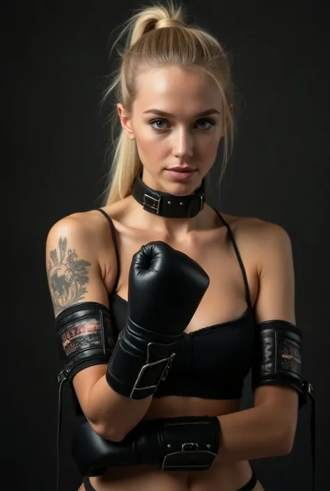 high quality, photo realistic image, beautiful girl, medium size breasts, wearing leather braces and black leather gloves on both arms, blonde strict pony tail, greyblue eyes, fighting studio background