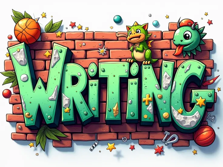 A colorful 4D illustration of the word "WRITTING" in large, bold letters. Each graffiti letter has unique colors and textures: the letter "WR" is GREEN with a SKATEBOARD, third eye, the letter "IT" is WHITE with shoes and cap, the letter "TI" is GREEN with...