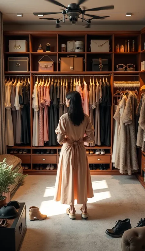 hyper realistic scene of huge , big ,large girls wardrobe, drone scene of a huge wardrobe of long dresses, winter dresses, summer dresses, girls sandals and shoes collection, make up collection, bags collection, watches collection, Jewlery collection, perf...