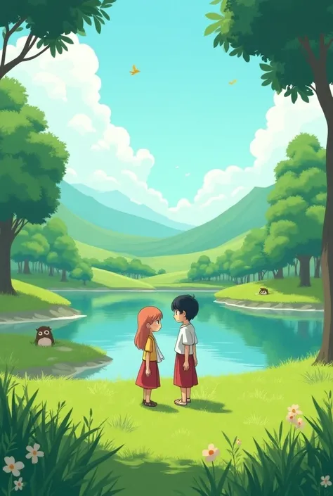 people talking in a landscape , ghibli style 