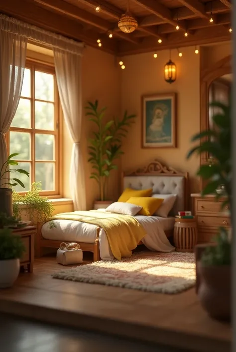 1girl,A highly detailed and realistic dollhouse interior, cozy bedroom with attractive lighting and shadows, white and yellow cushions, intricate architecture and furniture, indoors living room setting with rug and potted plants, photorealistic, 8K, master...