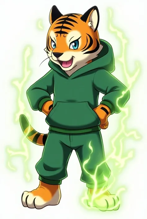  A humanoid tiger with a green sweatshirt and sweatpants  ,Its anime-style .  It has a hood on and some green rays come out of its leg