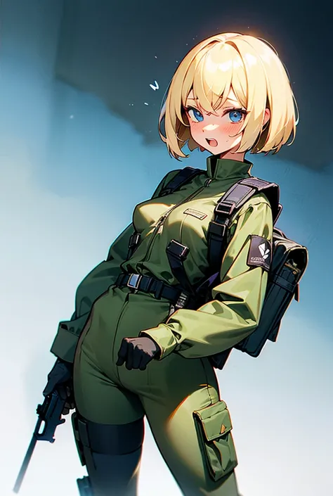 Blonde,  shortcut,  blue eyes,  Blushing ,  bangs between eyes ,  open your mouth ,  show your teeth and laugh , 1 girl, wide angle shot ,Short Hair, very small breasts ,Bob Hair, very small breasts ,M9 handgun equipment ,Background forest, how to hold it ...