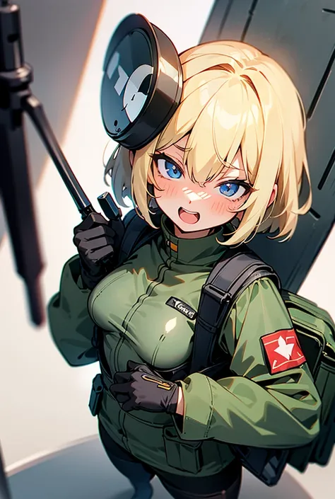 Blonde,  shortcut,  blue eyes,  Blushing ,  bangs between eyes ,  open your mouth ,  show your teeth and laugh , 1 girl, wide angle shot ,Short Hair, very small breasts ,Bob Hair, very small breasts ,M9 handgun equipment ,Background forest, how to hold it ...