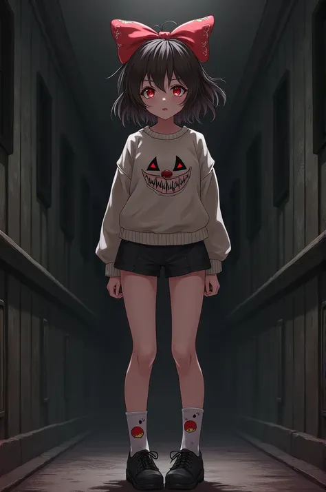  A killer anime character     :  Dark brown hair on the side  , woman&#39;s body,  red eyes ,HAIR BOW, sweatshirt , short skirt, with tight shorts  , cat socks and black shoes  , And scary clown  