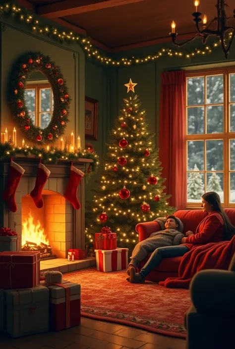 Draw a warm, cozy Christmas living room with a beautifully decorated tree, stockings hanging by the fireplace, and a comfy couch with blankets and pillows. Add twinkling lights, wrapped gifts under the tree, and a crackling fire in the fireplace. Use soft,...