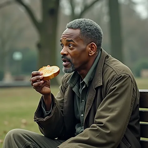 Will Smith is pictured sitting on a park bench, wearing old clothes, dressed like a homeless person, he is eating a piece of bread deliciously, his face is thin and haggard, panoramic photo, screenshot, still from a movie
