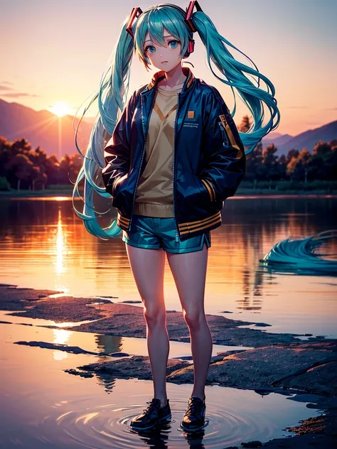 score_9, score_8_up, (masterpiece:1.2), (best quality:1.2), (digital illustration:1.2), intricate details, clean line art, (Hatsune Miku:1.3), (1girl:1.4), (standing by a lake in reflection pose:1.2), (hands in pockets of light blue jacket:1.2), (serene ex...