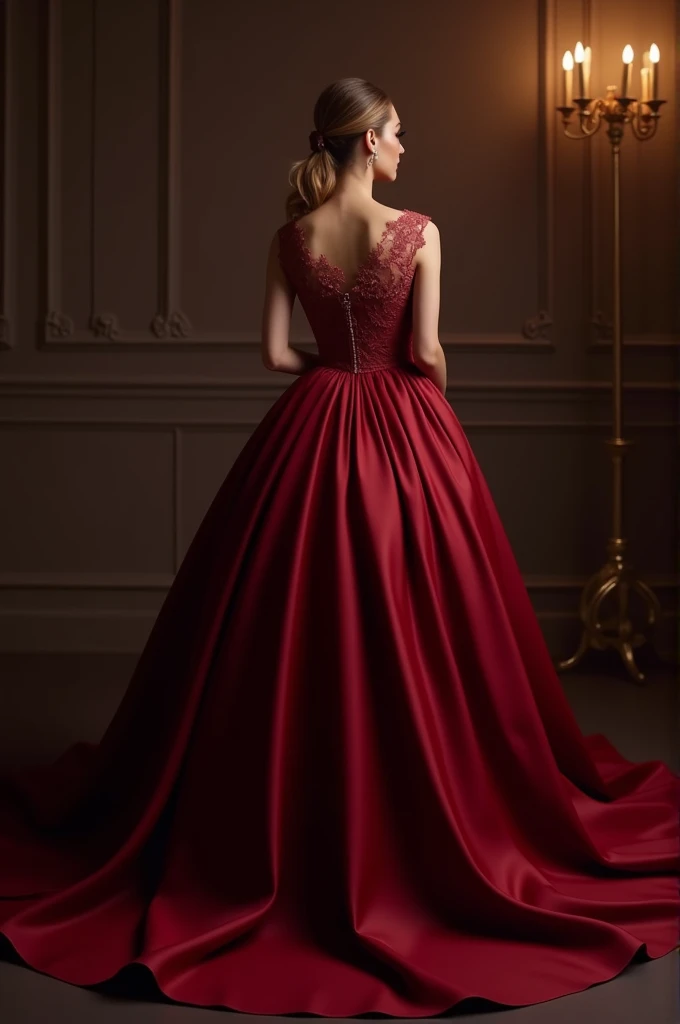 Elegant red wine dress with round skirt and different front neckline