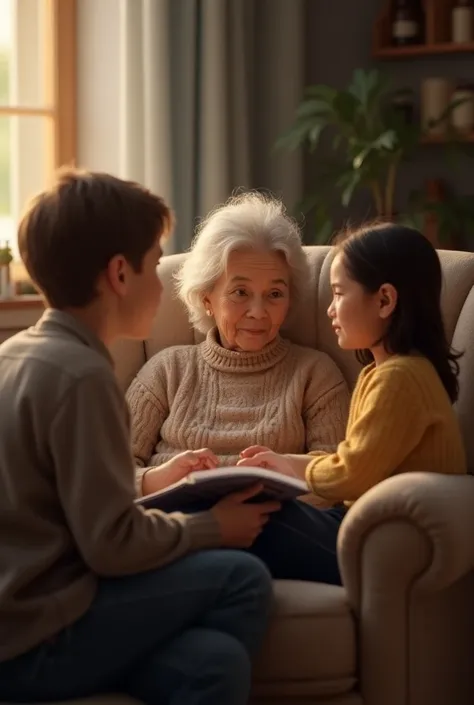 A boy and a girl talking to their grandmother in an armchair