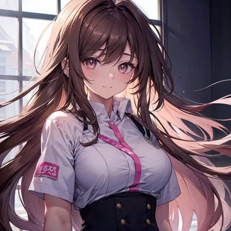 close eyes, zoom out, Burst Out Laughing, hospital, clinic, a beautiful detailed portrait of a long-haired nurse assistant, with no hat, full body view, large breasts, in an anime style, high resolution, photorealistic, dramatic chiaroscuro lighting, intri...