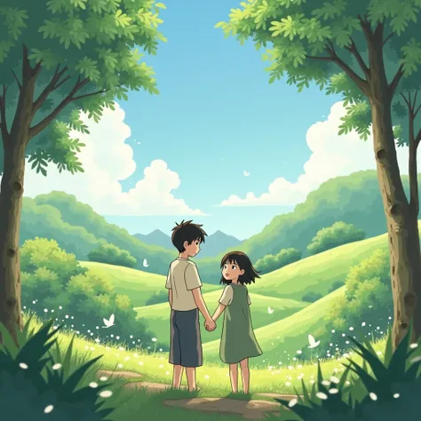 Of this style but two adults and with Ghibli style }