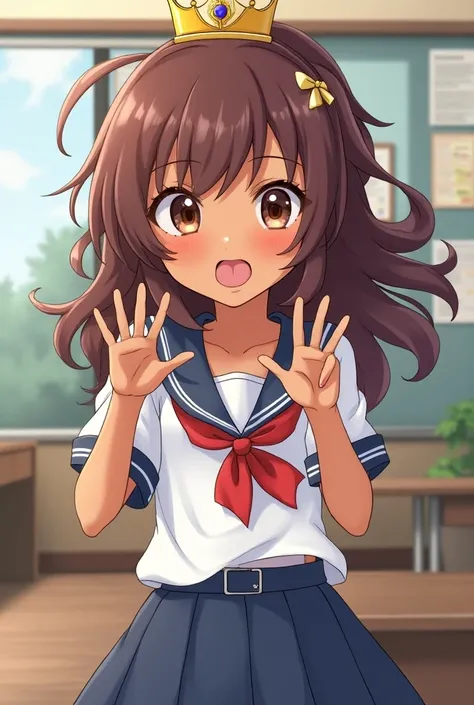 Brown skin mixed Anime girl with girl hair sticking tongue out in a school uniform with a princess crowne on her head