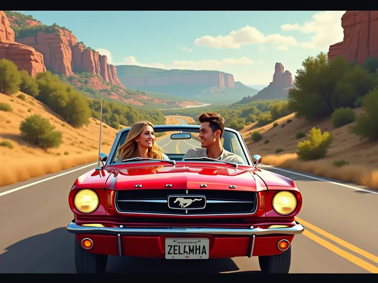 couple, caucasian man and woman, road trip romance in the usa, red mustang