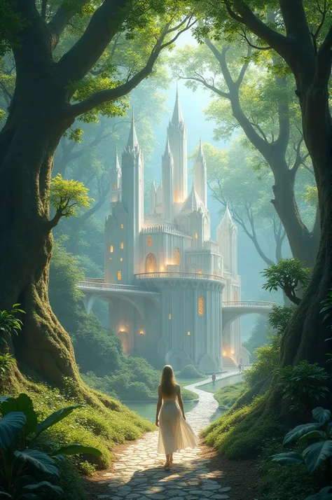 Elves,Tolkien vibes, bright, Ambient, beautiful white elven City in trees with many elves, fantasy, glowing