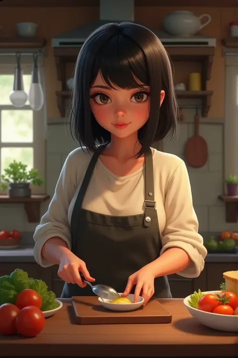 Woman with black hair and bangs cooking to be called Sofia