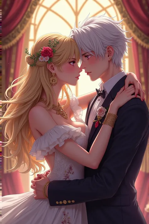 A queen with a man embracing her with love  ,  the woman has blond hair and red eyes and the man has purple eyes and white hair rather fanart anime 