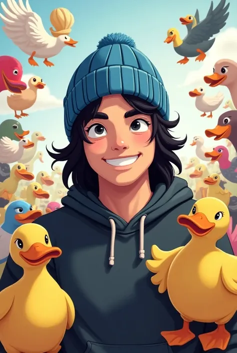  Alexis Quackity is a white man with black hair up to his shoulders, Pretty smile Twitch streamer who wears a Binnie a blue hat , creator of the QSMP Ninecraft ,   real-time translator of all languages with her ducks