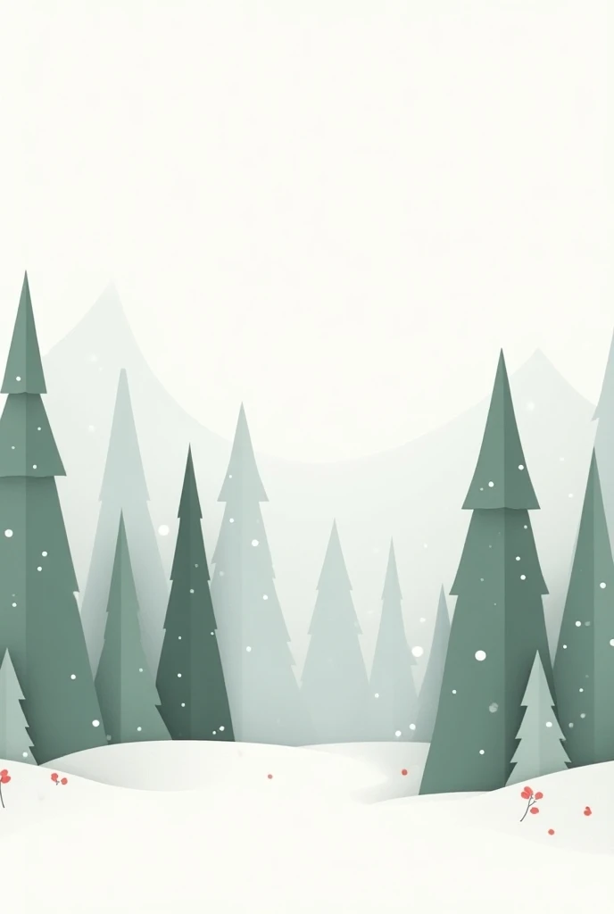 Create a minimalist Scandinavian-inspired Christmas forest scene with stylized pine trees, simple geometric shapes, and a neutral color palette with whites, greys, and greens. Add small accents of red, like berries or ornaments, and a gentle snowfall for a...