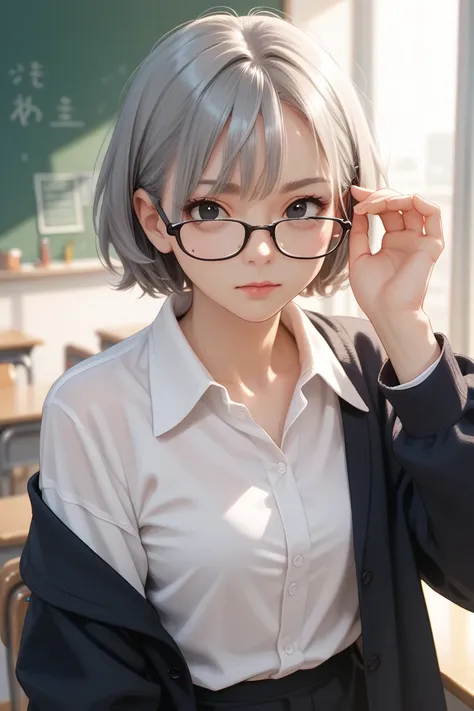 A teacher of 35 years old with short gray hair, with black eyes, dressed in a shirt, in glasses, smiles in anime style 