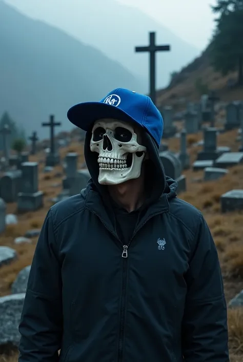 A man with the face of a skull and a blue rappers cap who says BBOY CRISS that he is in front of a coffin and around him you can see a shining cemetery in the daytime on a mountain with a lot of people with dark faces and cant be distinguished