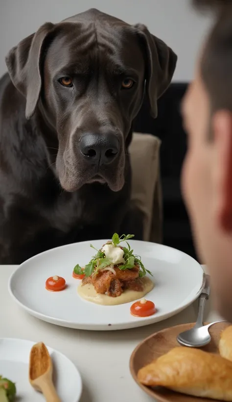 A realistic male Great Dane (German Dog) dog, approximately 111.8 cm tall, completely dark gray. He displays an expression of disgust or irritation, observing a person in profile in a restaurant or kitchen, who is distractedly taking a photo of a plate of ...