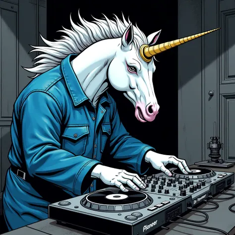 image type bande dessinée - 1 personnage habillé en bleu de travail qui a une tête de licorne badass - mixe sur des platines pionner