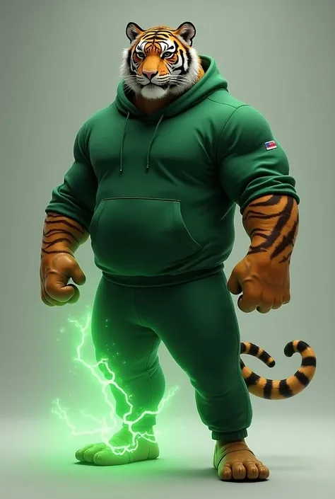 A big and strong but not too strong , humanoid tiger in a green sweatshirt and sweatpants and has a hood on and luminescent green rays come out of one leg