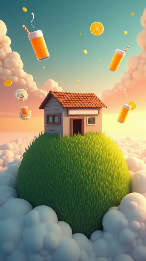 The miniature planet in the sky has a lush, green grassy surface with visible texture, resembling freshly mown grass. The square, cartoon-style house that serves as the music bar is positioned directly facing the viewer, situated atop the green planet.
The...