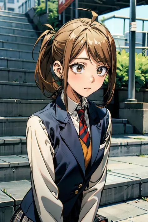   ponytails,Brown Hair,Sit on the stairs,  navy blue blazer uniform ,   white shirt, red and grey striped tie,   gray plaid skirt  ,  panties, knight ,Outdoor urban environment, Natural Light,Casual atmosphere, Front View, The depth of deep writing,   well...