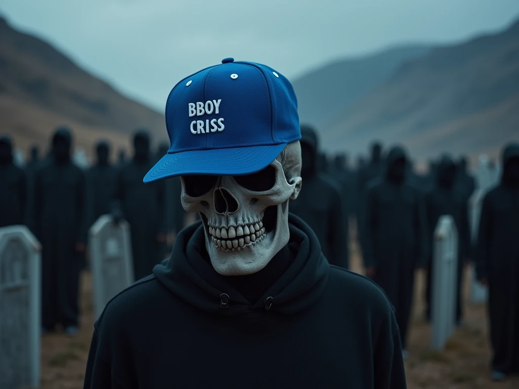 A man with the face of a skull and a blue rappers cap who says BBOY CRISS in a black sweater, who is in front of a coffin and around him can see a cemetery shimmering in a mountain with a lot of people with dark faces and cant be distinguished