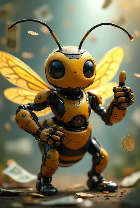 Bee with future robot style, having money, proud face, thumb up, money around 