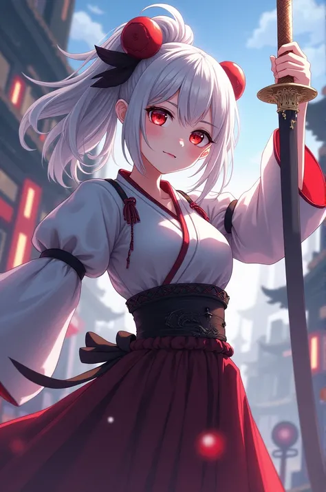 Girl pretends to be white, she has red eyes, she holds a sword and has a puck behind her Anime