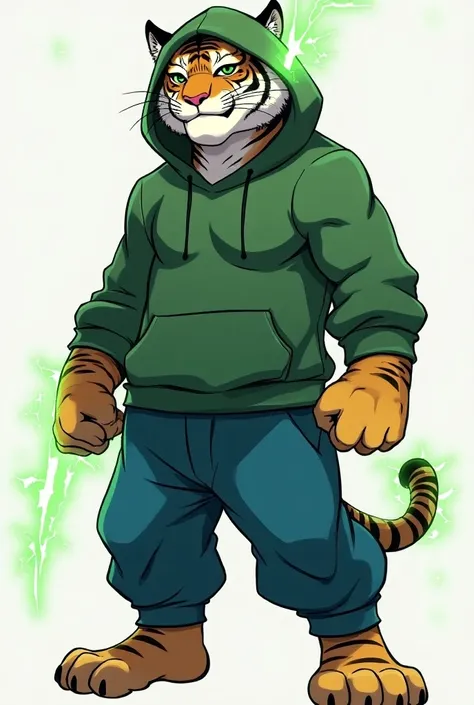 A somewhat strong but not much humanoid tiger ,  with a green sweatshirt and blue sweatpants and has a hood on and is in anime style.  Y has luminescent green rays coming out of one of its legs 