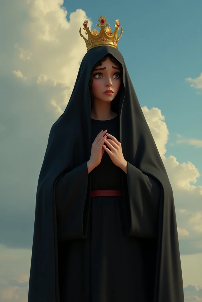 Pixar movie style Our Lady of Sorrows, looking at the sky,  her hair covered by a veil and above her head a queens crown, dressed in a black tunic , sad face,  with a cloak in her hands in the colors of the Venezuelan flag  