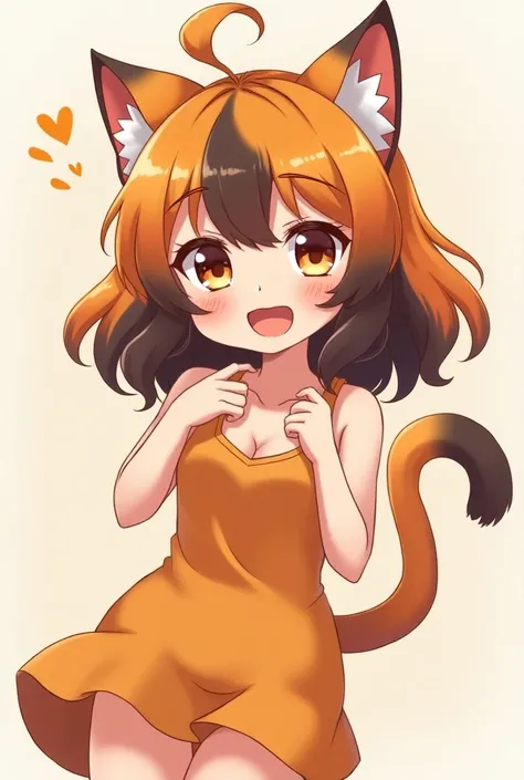 Anime wanita kucing, rambut berwarna orange dan hitan,
Mata berwarna hitan dan orange 
,gembira

