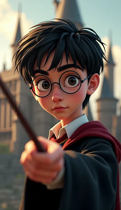 2D disney style HARRY potter close up, holding his want, in front of blurred hogwarts.