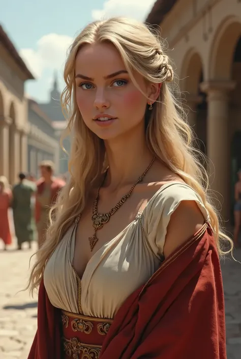 top quality,  old girl from ancient Rome century, modest dress, slim build, thin and pale skin, grey eyes, round shoulders and large breasts, long thick wavy blond hair, on a ancient Roman street, the whole figure