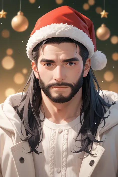  generates an image of a man with long dark hair , wearing a Christmas hat , with beard, con gabardina negra y un peluche de stitch en el hombro tambien wearing a Christmas hat , anime