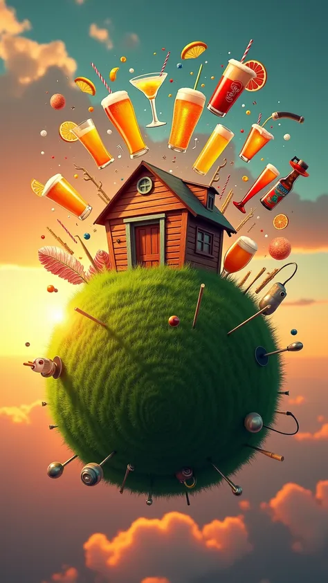 The miniature green, grassy planet floats in the colorful, sunset-hued sky. Atop the planet sits the square, cartoon-style house serving as the music bar, facing the viewer directly.
Bursting out from the planets surface are various bar-related items - gla...