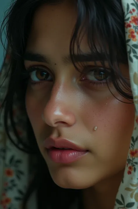 A very beautiful indian young lady weeping tears in her eyes while image of a young man could be seen in her eyes 