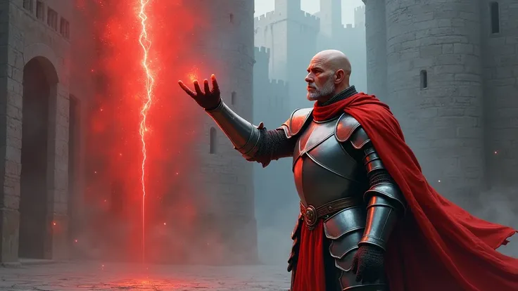 Front view medium plan shot of a bald middle age man (serious and squared face features, wearing a grey full knight armor, stubble beard, red cape) rising his hand evoking a red ethereal barrier, scenario (a medieval castle courtyard) art by Frank Frazetta...