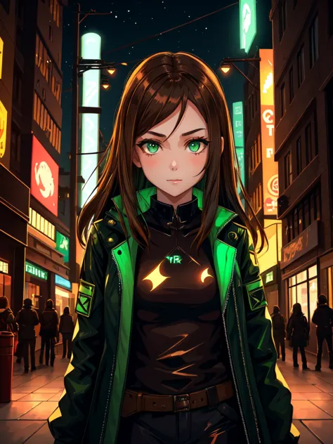 girl with brown hair,  green eyes , in a dark cyberpunk outfit, in the city square, at night