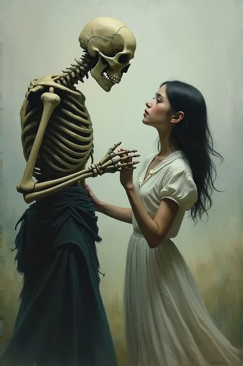 Painting of Skeleton man dqncing with human girl with sad vibe