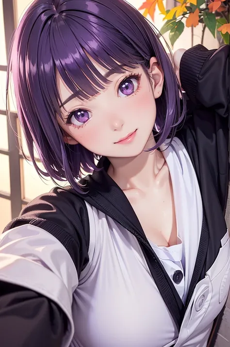 ( Best Quality, Hi-Res,8k,inelity detailed background, Masterpiece:1.2), Beautiful Girl,( glossy purple hair :1.3),(long hair:1.2) ,bob cut,Beautiful purple eyes,autumn,school uniform,black cardigan,skirt,black tights,(zettairyoiki:1.2),Gentle look,A refre...