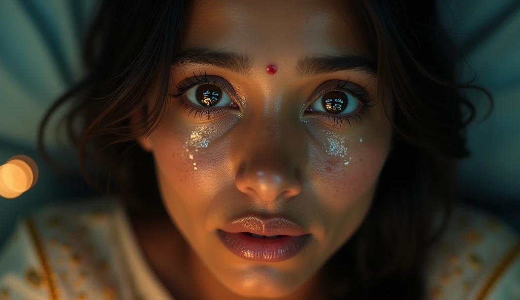 A very beautiful indian young lady weeping tears in her eyes while image of a young man could be seen in her eyes 