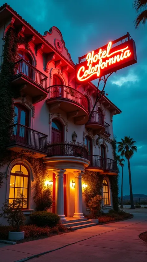 a mesmerizingly surreal and vibrant cinematic photograph, reminiscent of 1970s film noir, capturing the essence of the Hotel California song by Eagles, with a dreamlike atmosphere, bold, warm colors, and a subtle, nostalgic film grain, featuring a dimly li...