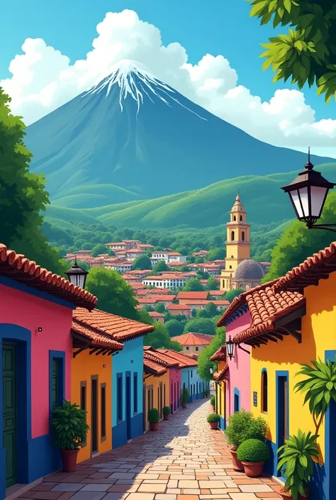 Cartoon of the city of Antigua Guatemala with its water volcano in the background and its churches, without people 