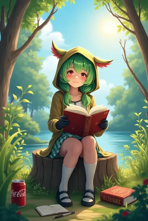   Best quality ,, 1 girl,  session, animal,  Animal ears, bird, negro_hair, book, bookmark, branch, Gloves, Grass, green hair, tenure, tenure book, hood, hood down, move, looking at viewer, multicolored hair, open_book, partially fingerless Gloves, pen, pl...